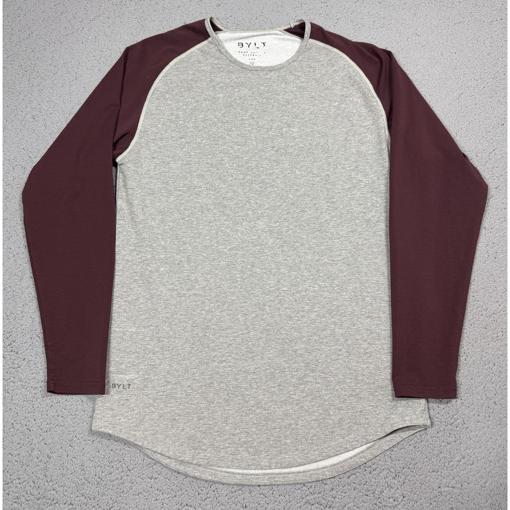 BYLT Drop Cut Baseball LUX Shirt Mens Medium Gray Maroon Long Sleeve Tee Tagless
